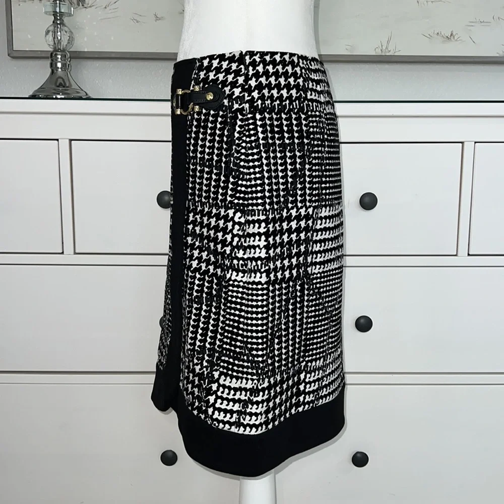 The Carlisle Black & White Skirt W/ Faux Drape, Leather & Gold Buckle, Side Zip